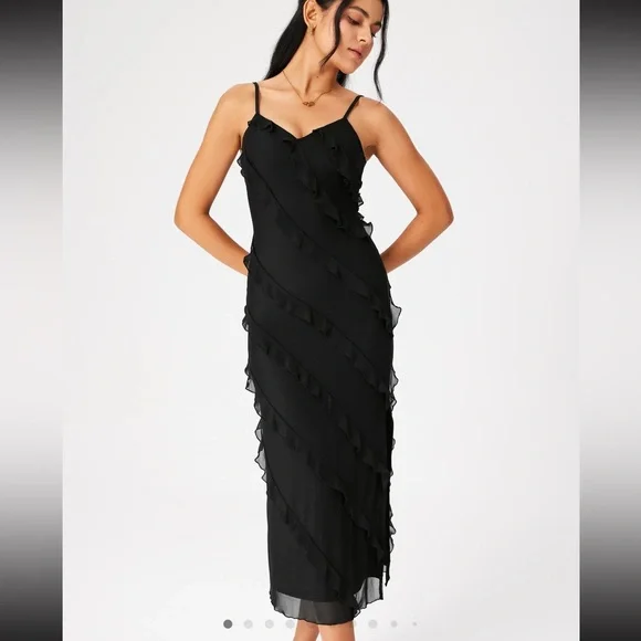 Cider MESH V-NECK RUFFLE HEM MAXI DRESS Size L (US 8) Length is more Midi - Picture 4 of 7